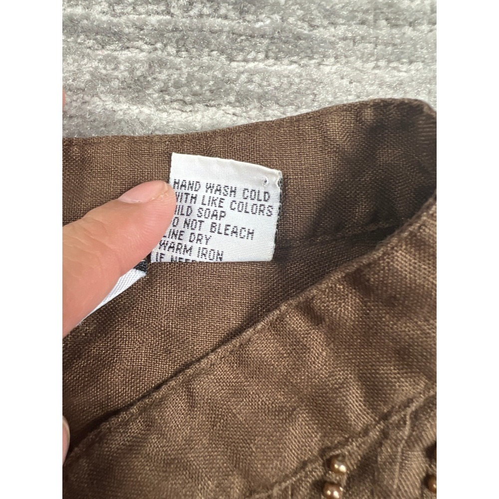 Carole Little Blouse Womens Large Brown 100% Linen Pintuck Beaded Short Sleeve - Picture 6 of 9